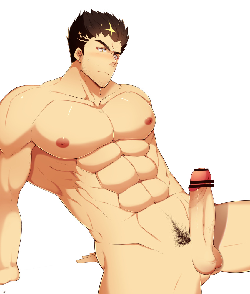 1boy abs absurdres bar_censor bara censored completely_nude erection facial_hair feet_out_of_frame fujimachine_(clayten) highres large_pectorals looking_to_the_side male_focus male_pubic_hair mature_male muscular muscular_male navel nipples nude pectorals penis pubic_hair short_hair sideburns solo spread_legs stomach stubble thick_thighs thighs tokyo_afterschool_summoners zabaniya_(housamo)