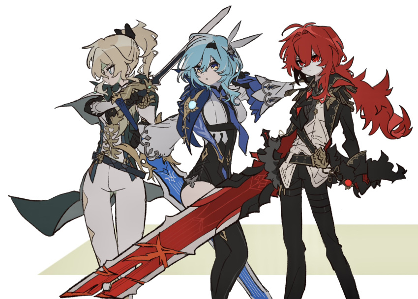 1boy 2girls aqua_hair black_gloves black_pants black_thighhighs blonde_hair blue_eyes blue_necktie breasts closed_mouth detached_sleeves diluc_(genshin_impact) eula_(genshin_impact) genshin_impact gloves greatsword hair_between_eyes hair_ornament hairband highres hiyohiyomanigo holding holding_sword holding_weapon jean_(genshin_impact) long_hair long_sleeves multiple_girls necktie pants ponytail red_eyes red_hair simple_background song_of_broken_pines_(genshin_impact) sword thighhighs two-tone_background vision_(genshin_impact) weapon wolf's_gravestone_(genshin_impact)