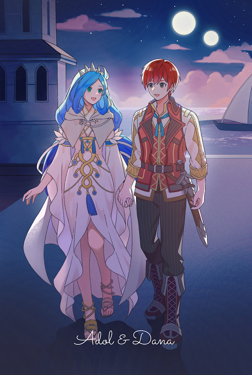 1boy 1girl adol_christin belt belt_buckle black_eyes black_pants blue_hair boots brown_belt buckle cape character_name cloud commentary dana_(ys) dress english_commentary green_eyes hair_ornament highres holding_hands long_hair long_sleeves looking_at_another moon night night_sky ocean outdoors pants red_footwear red_hair rutiwa sandals sheath sheathed short_hair sky sword toes very_long_hair weapon white_cape white_dress ys ys_viii_lacrimosa_of_dana