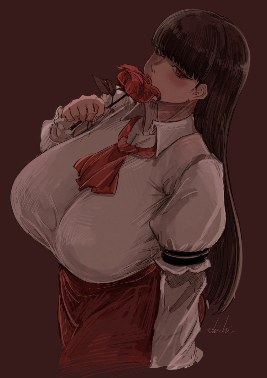 1girl artist_name blunt_bangs blush breasts brown_background brown_hair chichi8181 collared_shirt flower hand_up highres holding holding_flower huge_breasts long_hair looking_at_viewer neckerchief original puffy_sleeves red_eyes red_neckerchief red_theme ringed_eyes shirt simple_background solo standing white_shirt