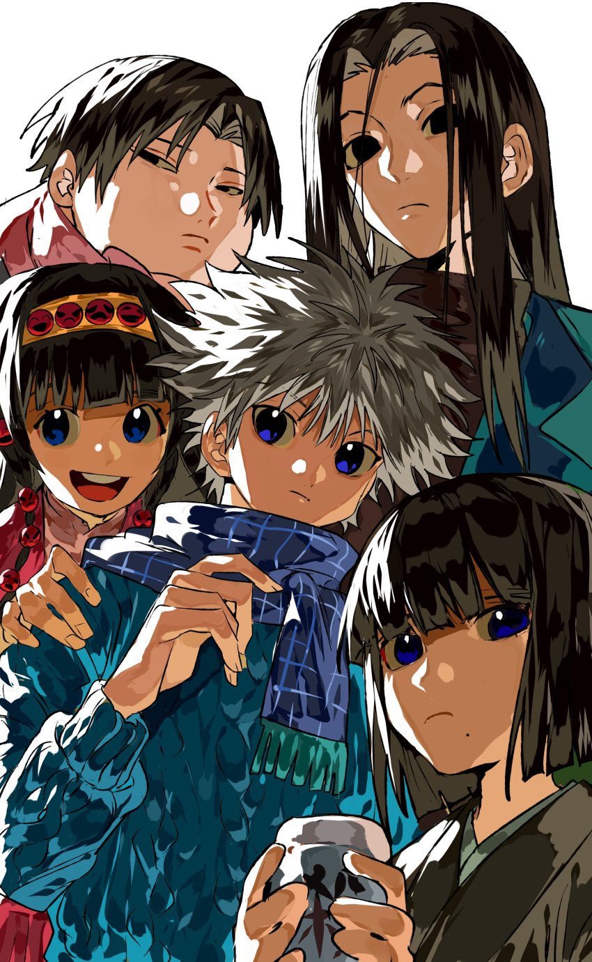 1girl 4boys absurdres alluka_zoldyck black_eyes black_hair blue_eyes blue_scarf blue_sweater blunt_bangs bob_cut closed_mouth frown hairband hand_on_another's_shoulder hand_up highres holding hunter_x_hunter illumi_zoldyck kalluto_zoldyck killua_zoldyck long_hair milluki_zoldyck mole mole_under_mouth multiple_boys open_mouth scarf simple_background spiked_hair sweater teeth upper_teeth_only white_background white_hair xi_luo_an_ya