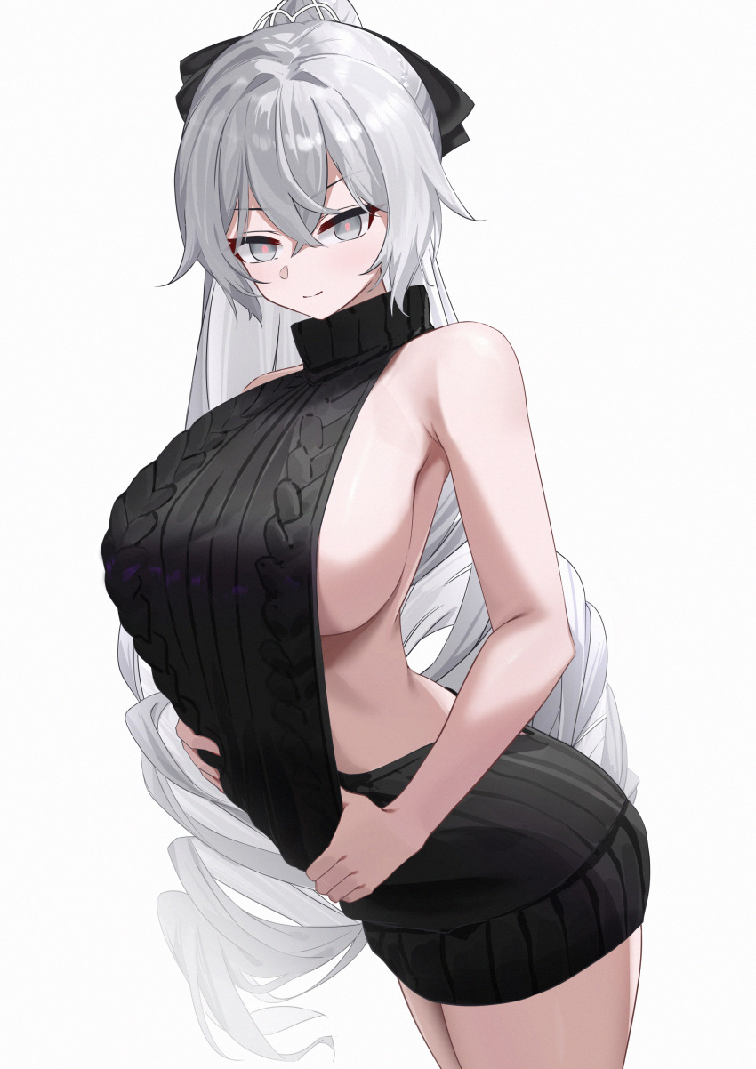 1girl absurdres black_bow black_sweater blush bow bronya_zaychik bronya_zaychik_(silverwing:_n-ex) cable_knit closed_mouth clothes_pull cowboy_shot drill_hair from_side grey_eyes grey_hair hair_bow highres honkai_(series) honkai_impact_3rd legs_together lilin_(pixiv_25958194) long_hair looking_at_viewer meme_attire no_pants pink_pupils ribbed_sweater simple_background smile solo stomach sweater sweater_pull thighs turtleneck turtleneck_sweater very_long_hair virgin_killer_sweater white_background