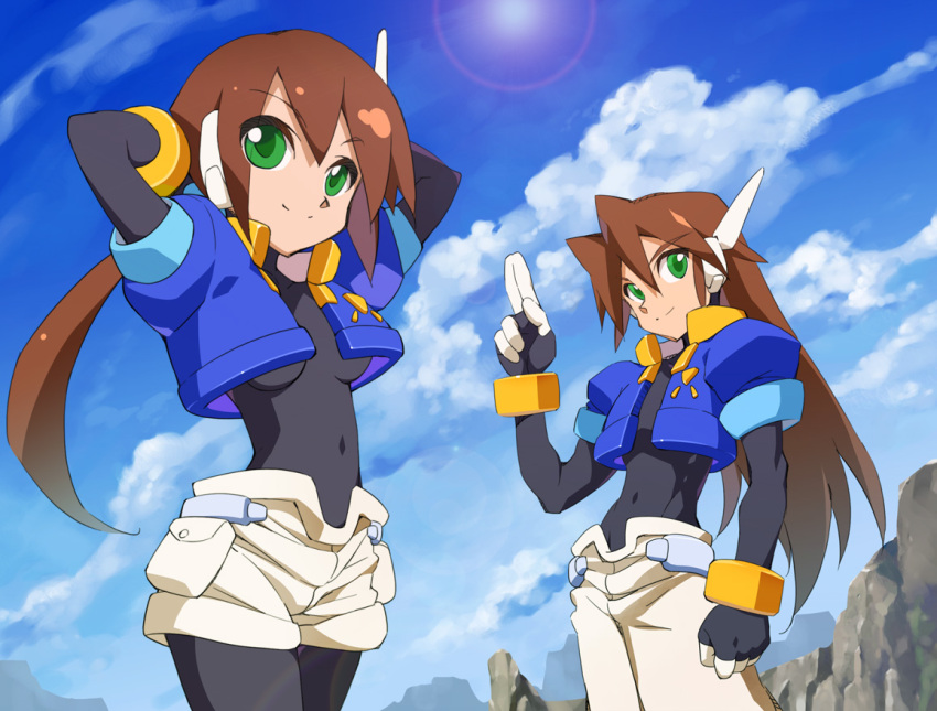 1boy 1girl aile_(mega_man_zx) arms_behind_head black_bodysuit blue_jacket blue_sky bodysuit bodysuit_under_clothes breasts cloud covered_collarbone covered_navel cropped_jacket green_eyes jacket kaidou_zx long_hair looking_at_viewer mega_man_(series) mega_man_zx mega_man_zx_advent open_clothes open_jacket pants ponytail robot_ears salute shorts sky small_breasts sun two-finger_salute vent_(mega_man) white_pants white_shorts