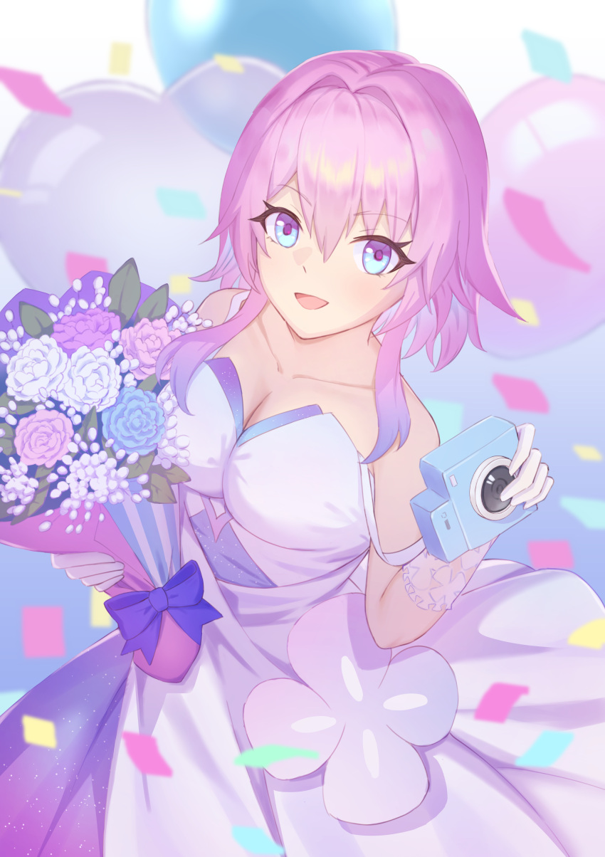 1girl absurdres balloon bare_shoulders blue_eyes bouquet breasts camera commentary cowboy_shot dress flower_ornament hair_between_eyes hair_intakes hands_up highres holding holding_bouquet holding_camera honkai:_star_rail honkai_(series) lan_qiandai large_breasts long_dress looking_at_viewer march_7th_(honkai:_star_rail) medium_hair open_mouth pink_eyes pink_hair smile solo spaghetti_strap standing strap_slip two-tone_eyes white_dress