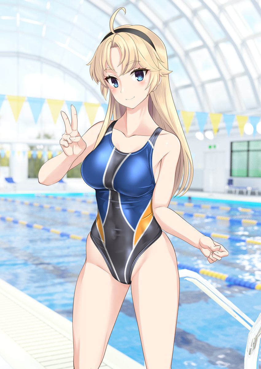 1girl absurdres ahoge black_hairband blonde_hair blue_eyes breasts collarbone commentary_request competition_swimsuit covered_navel feet_out_of_frame hairband highleg highleg_swimsuit highres indoors kohagura_ellen lane_line long_hair medium_breasts multicolored_clothes multicolored_swimsuit one-piece_swimsuit pool pool_ladder solo standing string_of_flags swimsuit takafumi toji_no_miko v variant_set