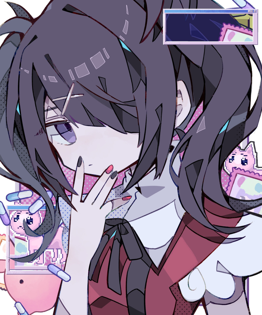 1girl absurdres ame-chan_(needy_girl_overdose) black_hair black_nails black_ribbon cat closed_mouth commentary diagonal_bangs glitch hair_ornament hair_over_one_eye hand_to_own_mouth hand_up highres looking_at_viewer lsd medium_hair multicolored_nails nail_polish neck_ribbon needy_girl_overdose pien_cat_(needy_girl_overdose) pill pink_nails purple_eyes red_vest ribbon solo soresaki twintails upper_body vest wide_sleeves window_(computing) x_hair_ornament