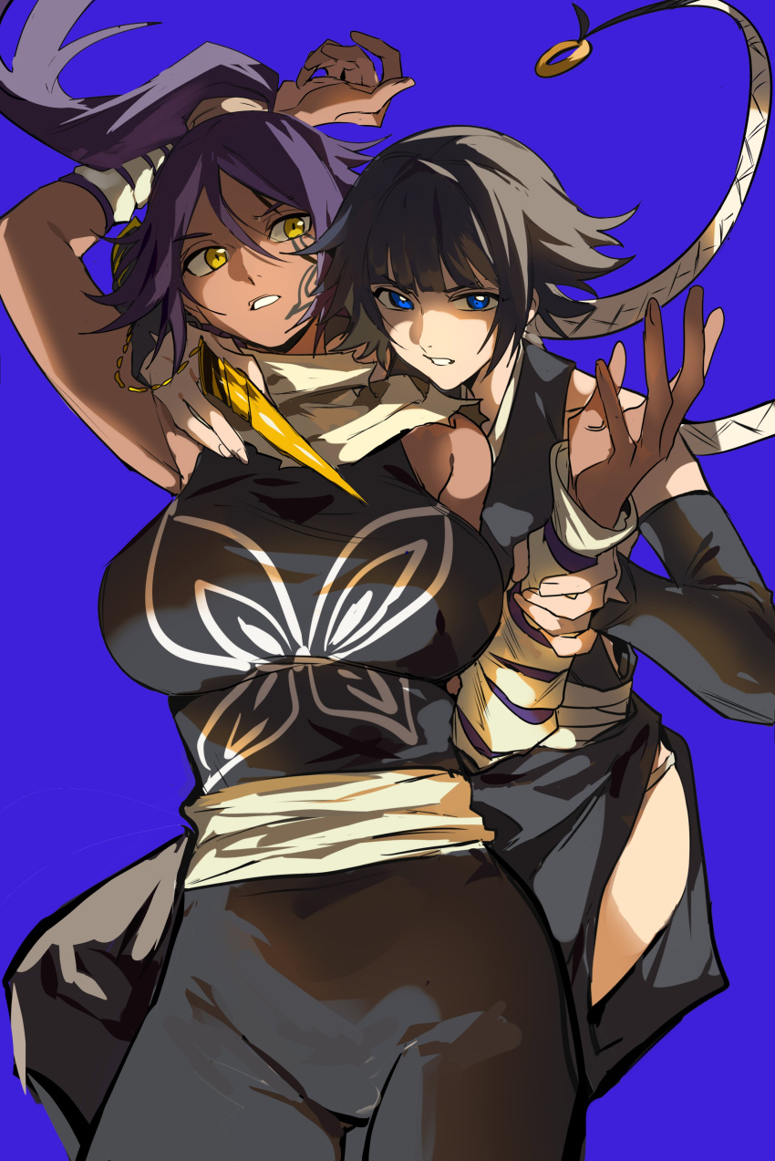 2girls absurdres arm_up belt black_hair black_pants black_shirt bleach blue_background blue_eyes breasts cowboy_shot dark-skinned_female dark_skin facial_tattoo hand_around_neck highres holding_another's_wrist large_breasts long_hair medium_hair multiple_girls open_mouth pants purple_hair scarf shihouin_yoruichi shirt simple_background sleeveless sleeveless_shirt sui-feng tattoo teeth xi_luo_an_ya yellow_eyes