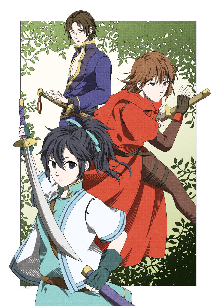 1girl 2boys absurdres black_eyes black_hair border brown_eyes brown_hair closed_mouth commentary_request fir_(fire_emblem) fire_emblem fire_emblem:_the_binding_blade highres holding holding_sword holding_weapon karel_(fire_emblem) leaf midori_no_baku multiple_boys outside_border pectoral_cleavage pectorals ponytail rutger_(fire_emblem) sheath sheathed standing sword weapon white_border