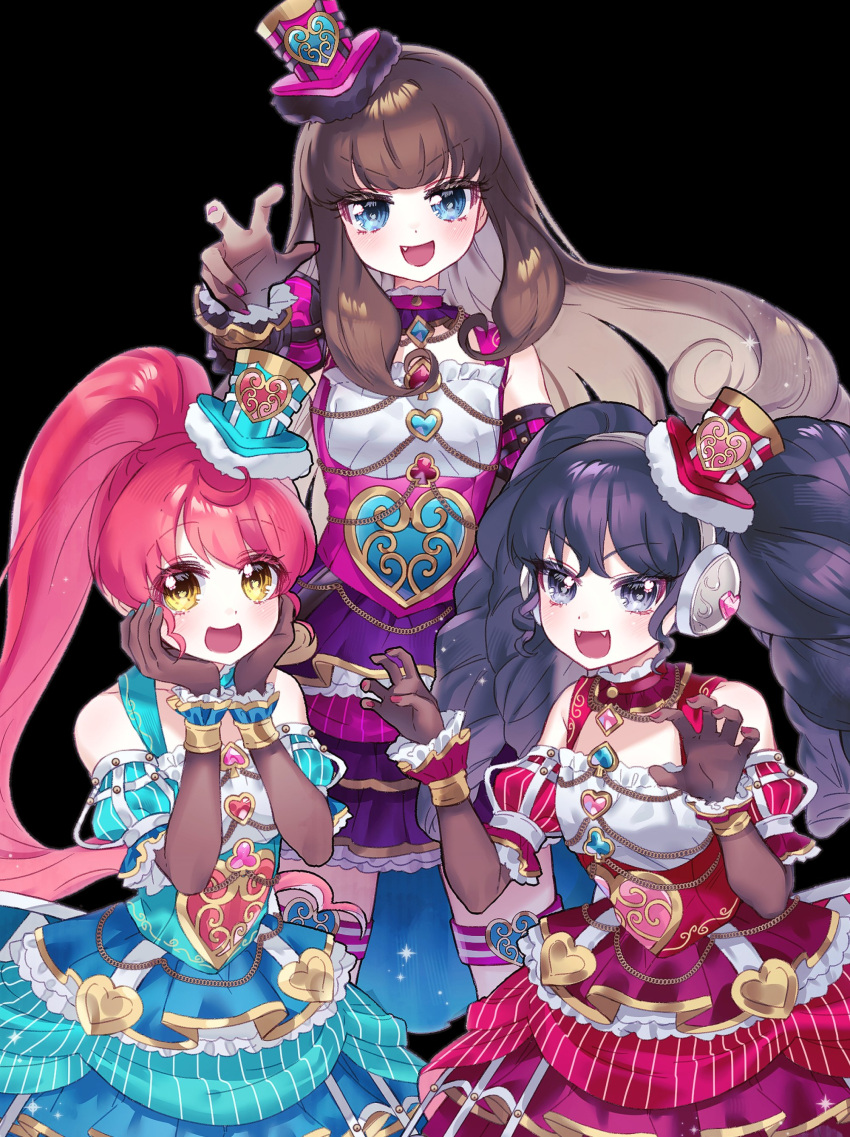 3girls :d absurdres bare_shoulders black_hair blue_dress blue_eyes brown_gloves brown_hair claw_pose club_(shape) commentary_request cowboy_shot detached_sleeves diamond_(shape) dress fang gaaruru_(pripara) gloves gold_trim grey_nails hands_on_own_cheeks hands_on_own_face hands_up hat headphones heart heart_print highres idol_clothes jjuu0105 korean_commentary kurosu_aroma long_hair looking_at_viewer mini_hat mini_top_hat multiple_girls nail_polish open_mouth pink_dress pink_headwear ponytail pretty_series pripara puffy_detached_sleeves puffy_sleeves reaching reaching_towards_viewer red_dress red_hair red_headwear see-through_gloves shiratama_mikan sidelocks simple_background smile spade_(shape) standing top_hat twintails very_long_hair wrist_cuffs yellow_eyes