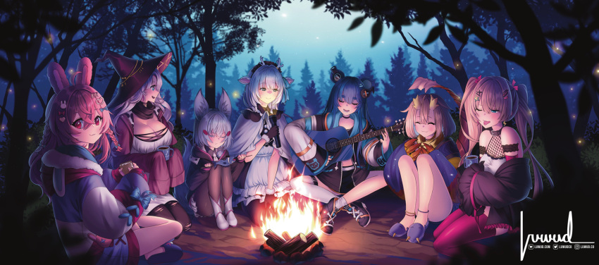 6+girls :p ahoge animal_ear_fluff animal_ears anklet antlers belt black_belt black_footwear black_gloves black_headwear black_hoodie black_pantyhose black_scarf black_shirt blonde_hair blue_bow blue_eyes blue_hair bow braid breasts campfire cleavage closed_eyes closed_mouth collared_shirt crossed_bangs crossed_legs cup deer_girl dress fish fishnet_top fishnets flashlight forest fox_ears fox_girl fujikura_uruka_(1st_costume) fur-trimmed_gloves fur_trim gloves grey_hair guitar h2osakana hair_between_eyes hair_bow hair_ornament hakushika_iori hat heart heart_hair_ornament highres holding holding_cup holding_flashlight holding_guitar holding_instrument hood hood_down hoodie horns instrument jacket jewelry kneeling large_breasts long_hair luwudco maid_headdress multicolored_clothes multicolored_hoodie multiple_girls nature necktie open_clothes open_jacket open_mouth pantyhose phase_connect pink_bow pink_hair pink_thighhighs pipkin_pippa pipkin_pippa_(1st_costume) rabbit_ears rabbit_girl rabbit_hair_ornament rinkou_ashelia rinkou_ashelia_(2nd_costume) scarf shirt shisui_michiru_(phase_connect) short_hair signature single_thighhigh sitting sleeves_past_fingers sleeves_past_wrists slippers smile tenma_maemi tenma_maemi_(1st_costume) thigh_belt thigh_strap thighhighs tongue tongue_out torn_clothes torn_pantyhose tree twin_braids twintails unzipped utatane_nasa virtual_youtuber white_dress white_footwear white_necktie witch_hat