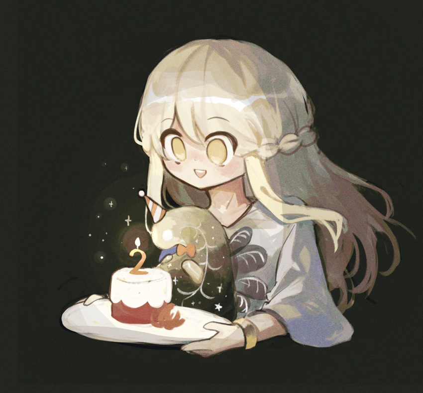 1boy :d birthday_cake black_background blonde_hair bracelet braid cake candle dnuatun elden_beast elden_ring english_commentary food hat highres holding holding_plate jewelry long_hair male_focus miquella_(elden_ring) open_mouth otoko_no_ko party_hat plate simple_background smile teeth upper_teeth_only yellow_eyes