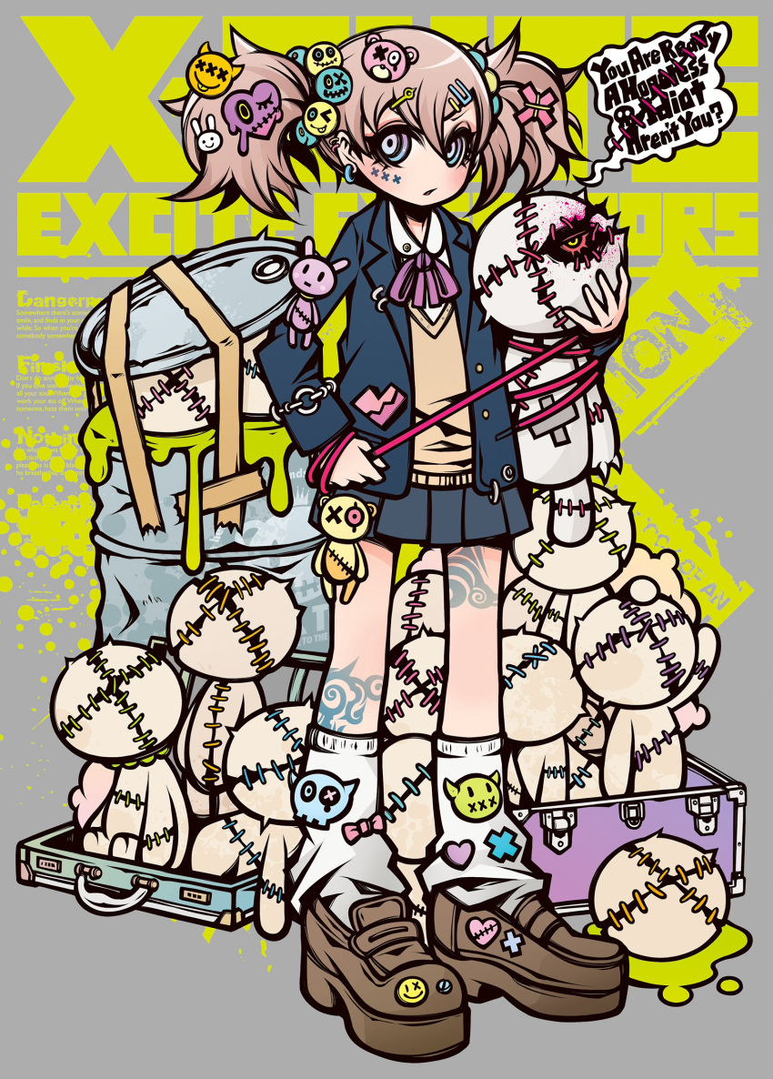 1girl absurdres decora drum_(container) english_text graffiti gyaru highres holding holding_leash kogal leash looking_at_viewer original project.c.k. punk ranguage school stitches stuffed_toy suitcase tattoo twintails