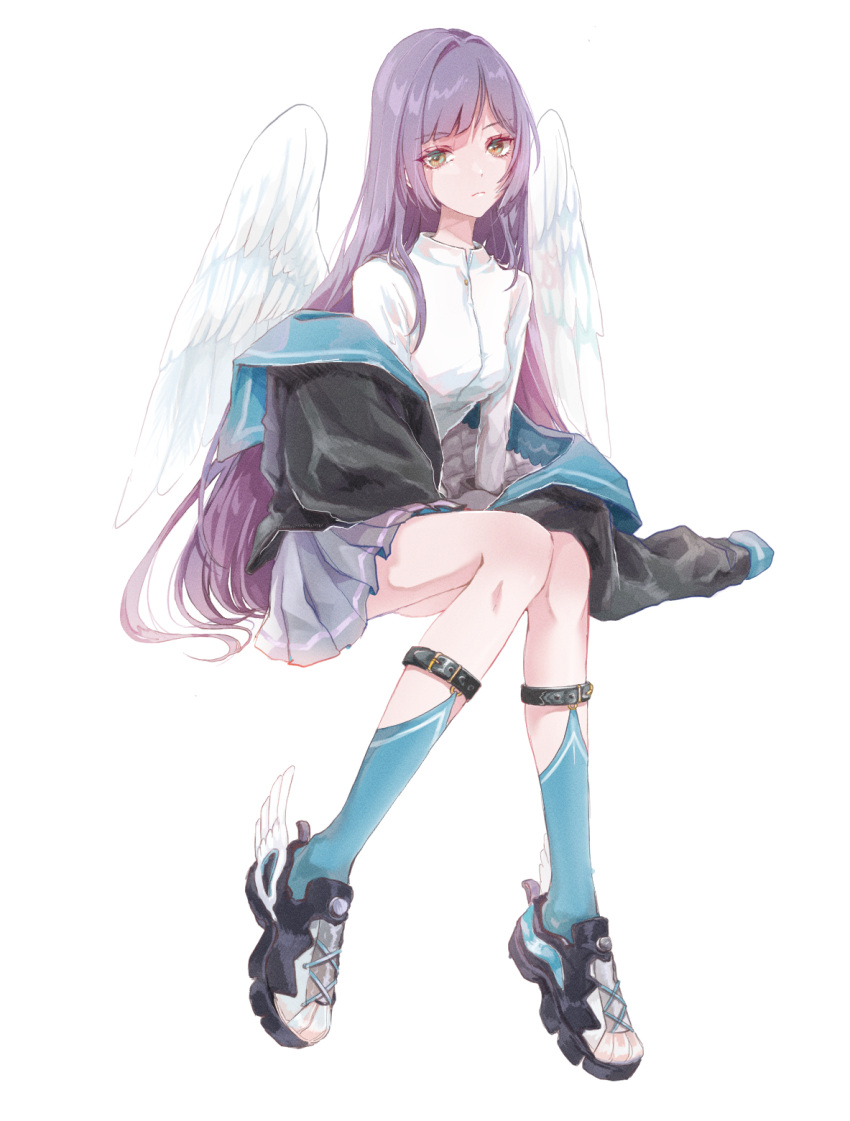 1girl angel_wings black_footwear black_jacket blue_socks breasts closed_mouth collared_shirt feathered_wings full_body green_eyes grey_skirt highres invisible_chair jacket long_hair long_sleeves looking_at_viewer off_shoulder open_clothes open_jacket original pleated_skirt purple_hair shirt shoes simple_background sitting skirt sneakers socks solo srnmomo very_long_hair white_background white_shirt white_wings wings