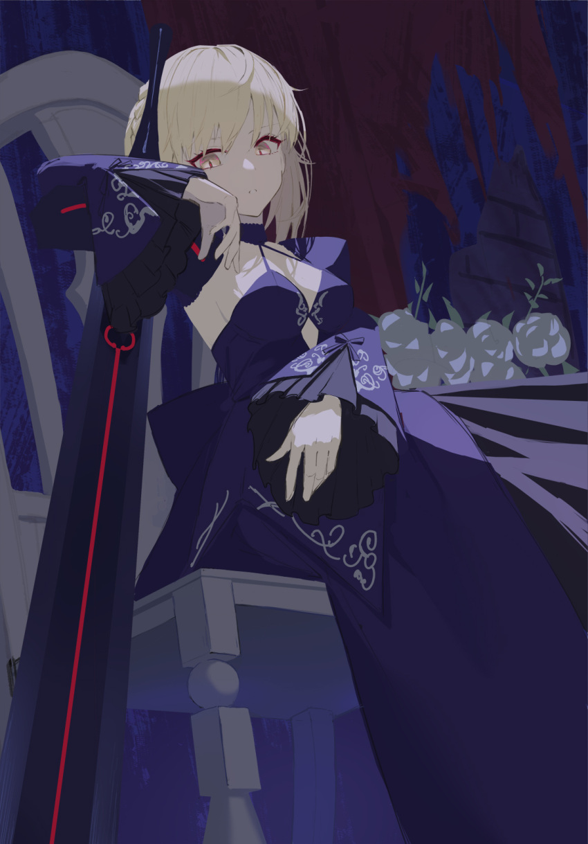 1girl armor artoria_pendragon_(fate) black_armor black_dress black_ribbon blonde_hair braid breasts cleavage cutout_above_navel dark_persona detached_sleeves diamond_cutout dress excalibur_morgan_(fate) fate/grand_order fate_(series) french_braid from_below gothic_lolita hair_bun highres indoors lolita_fashion looking_at_viewer medium_breasts ribbon saber_alter shigma short_hair single_hair_bun solo sword weapon wide_sleeves yellow_eyes