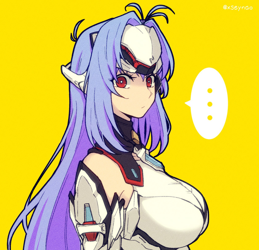 ... 1girl android blue_hair breasts closed_mouth forehead_protector glowing_crystal highres kos-mos kos-mos_re: large_breasts long_hair looking_at_viewer mochimochi_(xseynao) red_eyes simple_background solo spoken_ellipsis twitter_username upper_body xenoblade_chronicles_(series) xenoblade_chronicles_2 xenosaga yellow_background