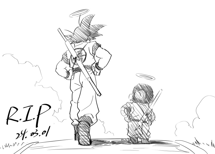 2boys absurdres black_hair boots clear_sky clenched_hands clothes_writing cloud dated dougi dragon_ball dragon_ball_z facing_away from_behind grass greyscale halo hands_on_own_hips height_difference highres horizon kozue2080 male_focus monochrome multiple_boys nib_pen_(object) outdoors pants path pen rest_in_peace_(phrase) robot ruyi_jingu_bang shadow sheath sheathed side-by-side sky son_goku spiked_hair standing toned toned_male toriyama_akira_(character) undershirt walking weapon wide_shot wristband