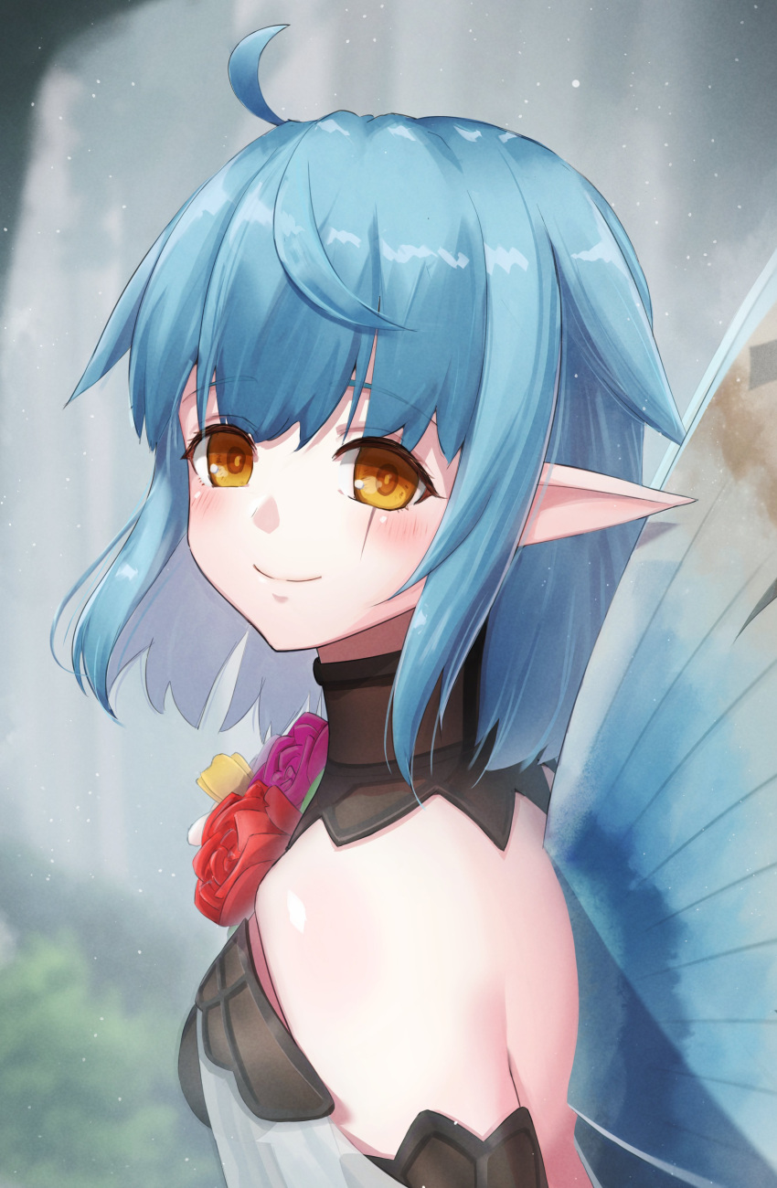 1girl absurdres blue_hair blue_wings blurry blush bush closed_mouth depth_of_field dress fairy fairy_wings fate/grand_order fate_(series) flower forest highres hope_(fate) looking_at_viewer nature particle_sfs pointy_ears scar scar_on_face smile solo upper_body white_dress wings yellow_eyes