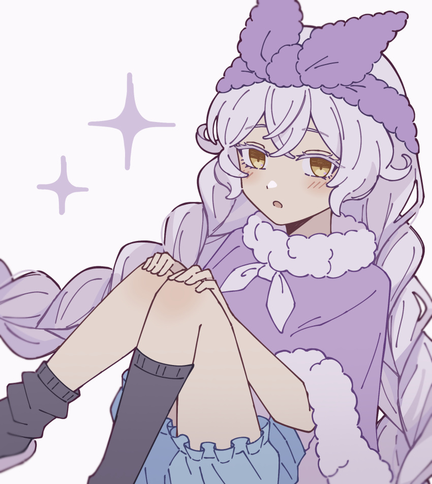 1boy black_socks blue_shorts bow braid capelet colored_eyelashes commentary crossed_bangs frilled_shorts frills fur-trimmed_capelet fur_hairband fur_trim hair_between_eyes hair_bow hairband highres long_hair maimaimaigoen male_focus otoko_no_ko pastea purple_bow purple_capelet purple_hairband ribbon shorts simple_background sitting socks solo twin_braids white_background white_hair white_ribbon yellow_eyes zoya_(maimaimaigoen)