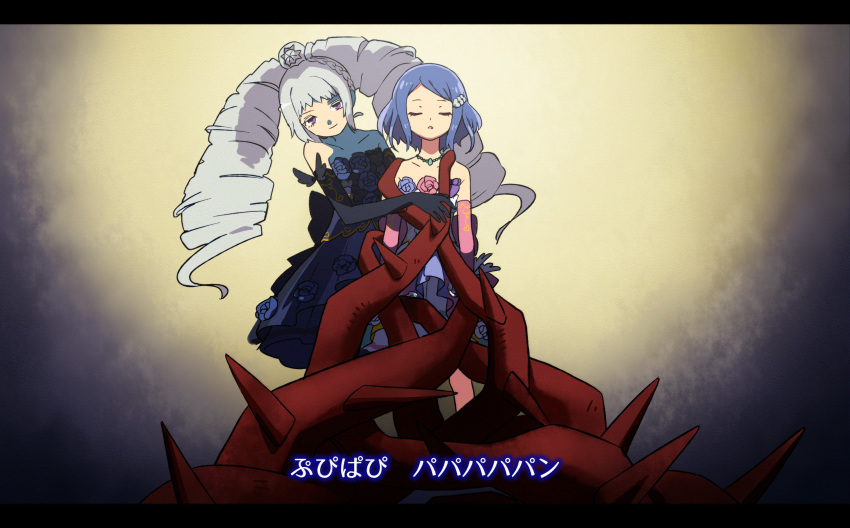 2girls absurdres amou_june bare_shoulders behind_another black_gloves blue_dress blue_hair closed_eyes commentary_request derivative_work dress drill_hair elbow_gloves facing_viewer gloves grey_hair highres idol_time_pripara katupuraamen letterboxed long_hair looking_at_viewer lyrics multiple_girls open_mouth parody plant pretty_rhythm pretty_rhythm_rainbow_live pretty_series pripara red_eyes restrained rinne_(pretty_rhythm) screencap_redraw short_hair smile standing thorns twin_drills twintails very_long_hair vines