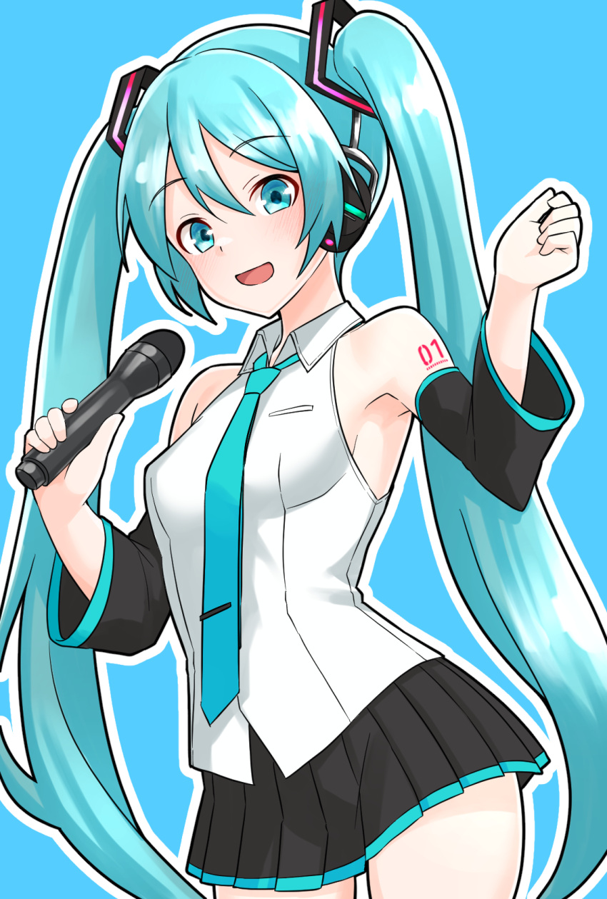 1girl ahoge aqua_background aqua_eyes aqua_hair aqua_necktie armpits black_gloves black_skirt blush breasts commentary_request cowboy_shot elbow_gloves furaggu_(frag_0416) gloves gradient_background grey_shirt hair_between_eyes hair_ribbon hatsune_miku highres holding holding_microphone long_hair looking_at_viewer medium_breasts microphone miniskirt necktie open_mouth pleated_skirt ribbon shirt sideless_shirt skirt sleeveless sleeveless_shirt smile solo thighs twintails very_long_hair vocaloid