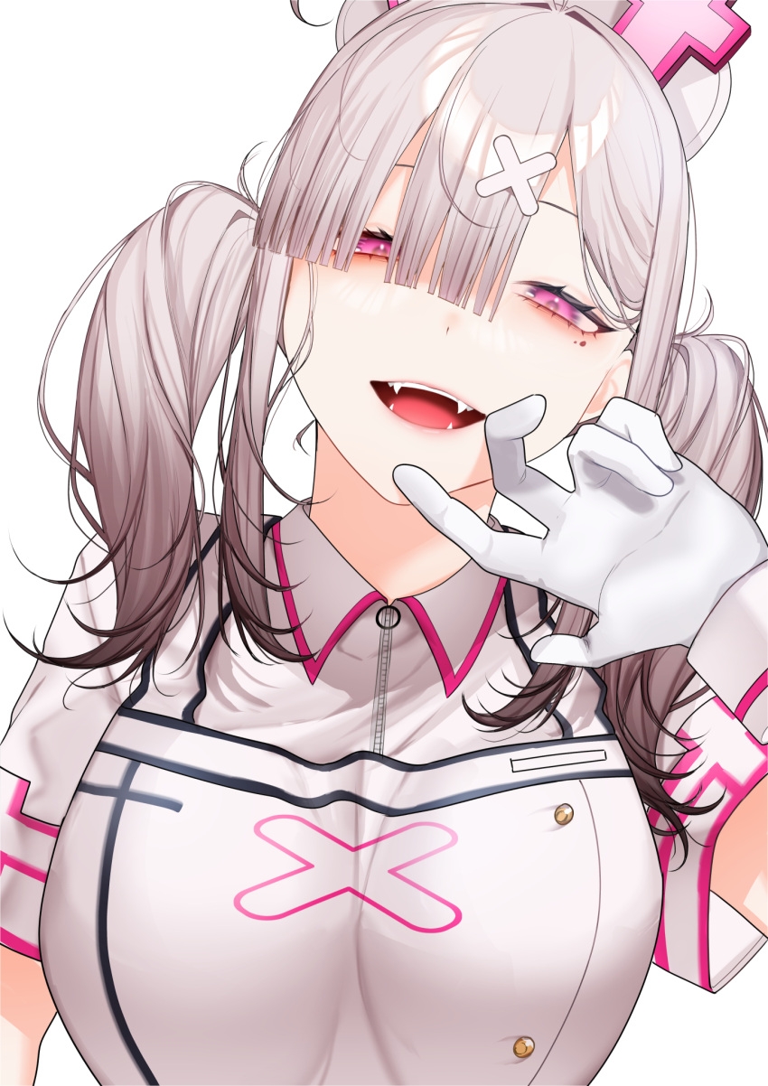 1girl ahoge bandaged_arm bandages breasts eyes_visible_through_hair fangs gloves gomo grey_hair hair_ornament hair_over_one_eye hat highres large_breasts long_hair looking_at_viewer mole mole_under_eye nijisanji nurse nurse_cap open_mouth purple_eyes sharp_teeth smile solo sukoya_kana sukoya_kana_(1st_costume) teeth twintails virtual_youtuber white_background white_wrist_cuffs wrist_cuffs x x_hair_ornament