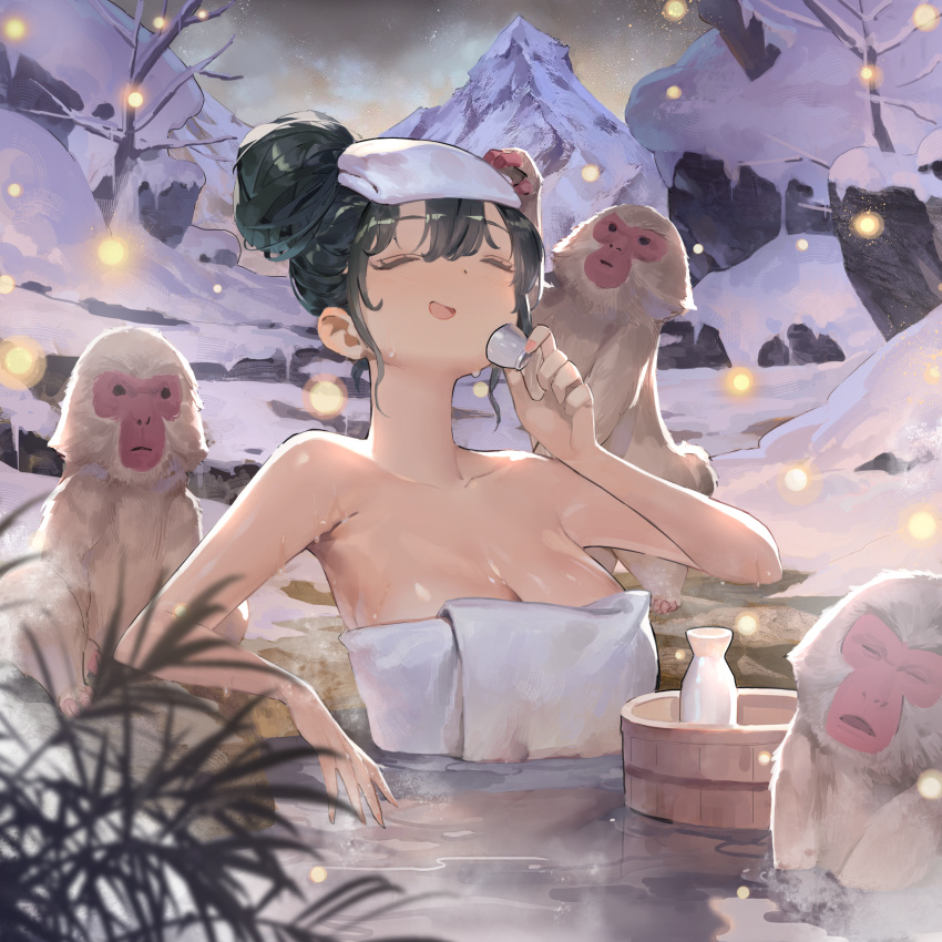 1girl :d absurdres arm_rest armpits bangs bare_tree blurry blurry_foreground bottle breasts closed_eyes commentary cup english_commentary fireflies green_hair hair_bun highres holding holding_cup japanese_macaque jung_wonjo monkey naked_towel onsen open_mouth original outdoors partially_submerged plant smile snow solo towel towel_on_head tree water wet