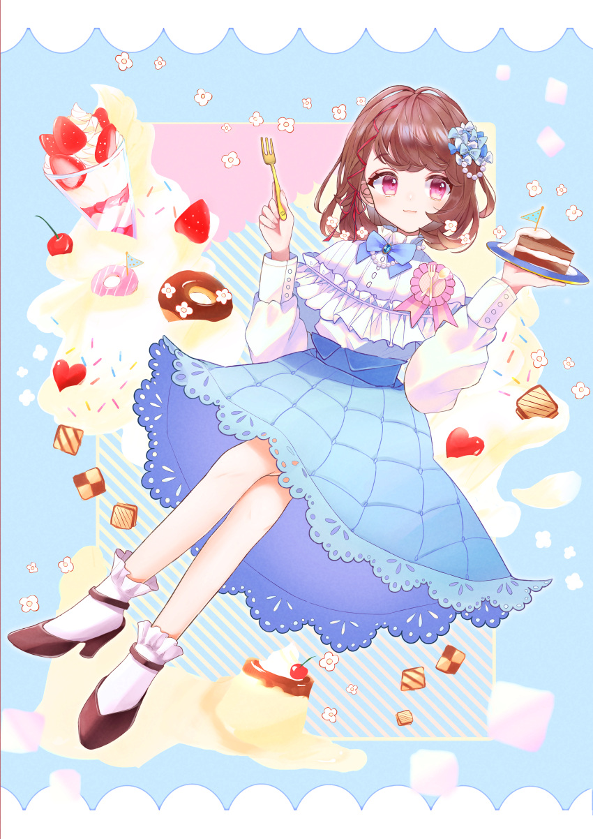 1girl absurdres ankle_socks bare_legs black_footwear blue_bow blue_bowtie blue_gemstone blue_skirt bow bowtie brooch brown_hair cake capelet cherry chocolate_cake cookie cream crossed_legs dot_nose doughnut floating flower food fork frilled_capelet frilled_socks frills fruit gem hair_bow hair_intakes hair_ornament hair_ribbon heart high-waist_skirt high_heels highres holding holding_fork holding_plate ice_cream jewelry kumono_ame light_blush long_sleeves looking_at_food medium_hair mini_flag multicolored_background necklace original pearl_necklace pink_eyes plate pudding puffy_long_sleeves puffy_sleeves red_ribbon ribbon sandwich_cookie shirt shirt_tucked_in sidelocks skirt smile socks strawberry sundae wavy_hair white_capelet white_flower white_shirt