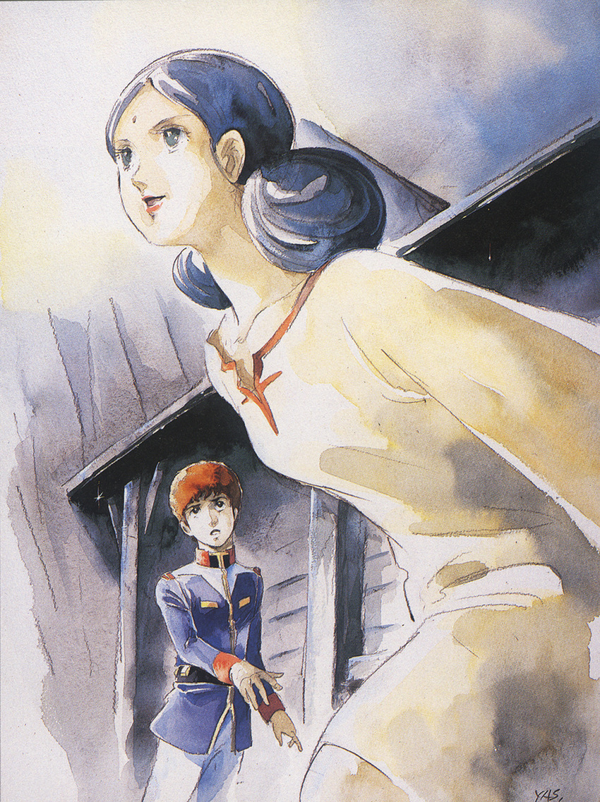 1970s_(style) 1980s_(style) 1boy 1girl amuro_ray bindi black_hair concept_art dark_skin dress gundam highres house lalah_sune military military_uniform mobile_suit_gundam official_art production_art promotional_art retro_artstyle scan science_fiction signature traditional_media uniform yasuhiko_yoshikazu