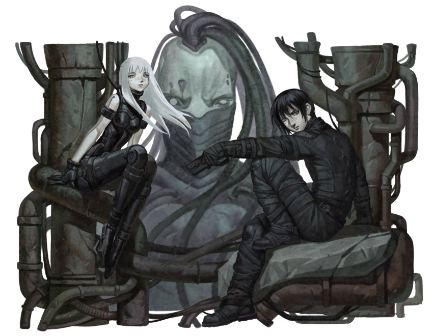 1boy 1girl absurdres black_hair blame! bodysuit breasts character_request cibo cyberpunk cyborg highres killy long_hair looking_at_viewer mechanical_arms pale_skin science_fiction short_hair silverheather tagme white_background white_hair