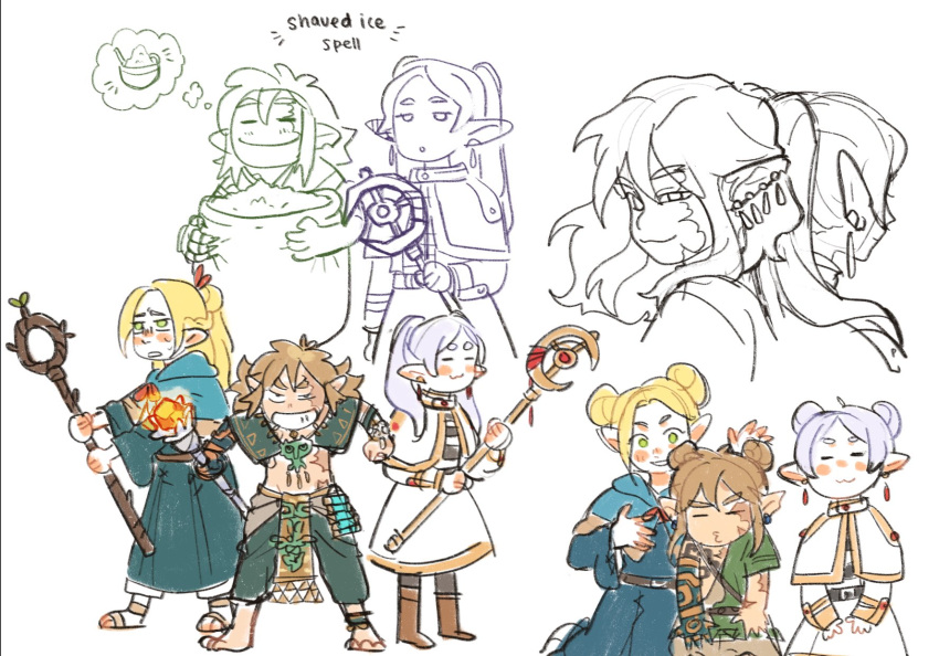 blonde_hair clothing crossover delicious_in_dungeon elf eyes_closed female frieren frieren_beyond_journey's_end group hair hi_res holding_object holding_staff humanoid humanoid_pointy_ears hylian light_body light_skin link long_hair looking_at_viewer male marcille_donato nintendo not_furry shmeckdoesstuff simple_background smile staff tears_of_the_kingdom the_legend_of_zelda trio white_hair