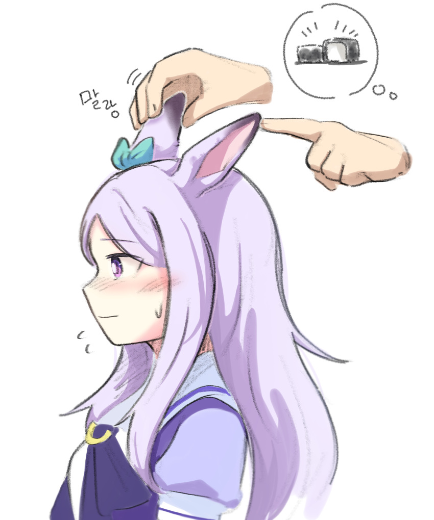 1girl 1other absurdres animal_ears aqua_bow blush bow ear_bow ear_ribbon hand_on_another's_ear highres horse_ears horse_girl horseshoe_ornament long_hair mejiro_mcqueen_(umamusume) puffy_short_sleeves puffy_sleeves purple_eyes purple_hair purple_shirt sailor_collar sailor_shirt school_uniform seung-aeja shirt short_sleeves simple_background solo_focus sweatdrop swept_bangs thought_bubble tracen_school_uniform umamusume white_background