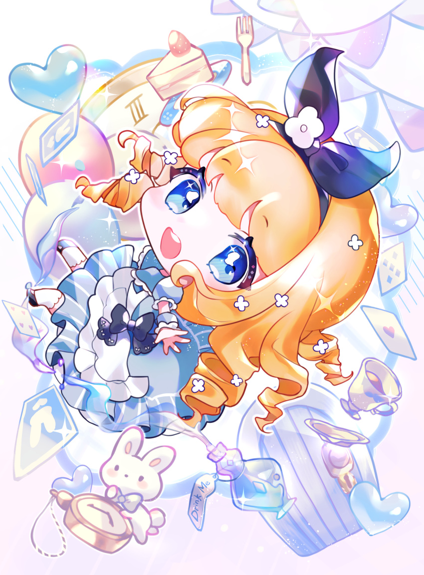 1girl :d alice_(alice_in_wonderland) alice_in_wonderland apron balloon black_bow black_footwear black_hairband blonde_hair blue_dress blue_eyes blunt_bangs bottle bow bow_hairband card cheesecake chibi cup dress dress_bow drill_hair falling floating floating_hair flower food fork frilled_apron frilled_dress frilled_wrist_cuffs frills fruit gradient_background hair_flower hair_ornament hairband heart highres kumono_ame long_hair looking_at_viewer maid_apron mary_janes outstretched_arm pink_background plate playing_card pocket_watch potion puffy_short_sleeves puffy_sleeves rabbit raised_eyebrows ringlets shoes short_sleeves simple_background smile sparkle strawberry teacup teeth thighhighs upper_teeth_only watch white_apron white_flower white_thighhighs wooden_door wrist_cuffs