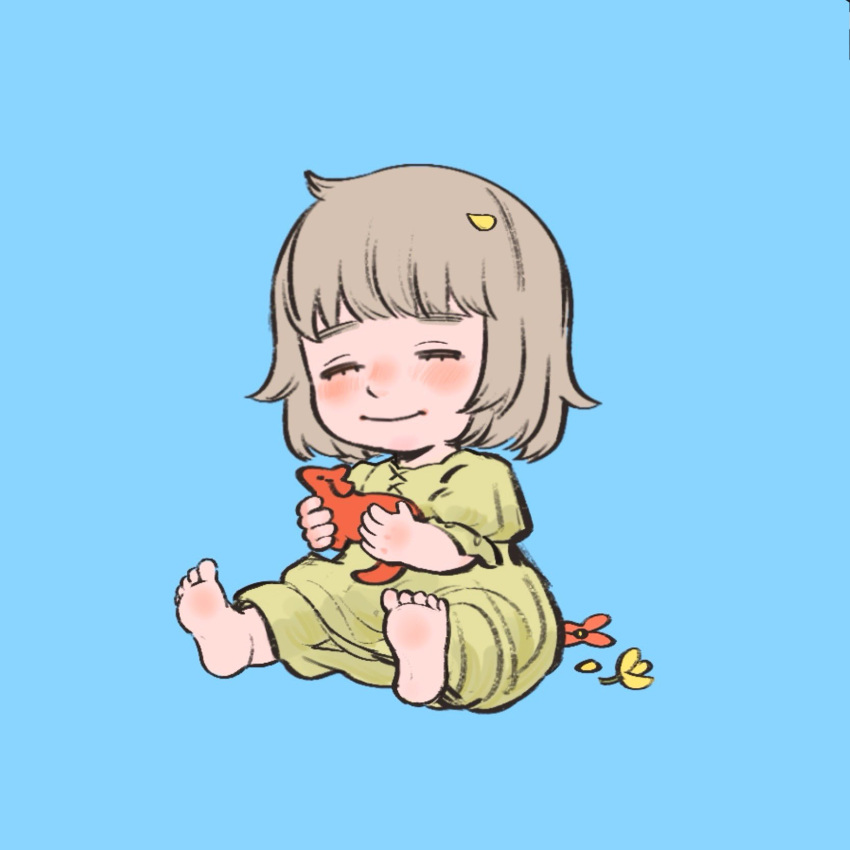 1girl barefoot blue_background bob_cut chibi closed_mouth dragon_(remains)_(dungeon_meshi) dress dungeon_meshi facing_viewer falin_touden flower full_body grey_hair hashtag-only_commentary highres holding kara_0907 petals short_hair simple_background sitting smile soles yellow_flower