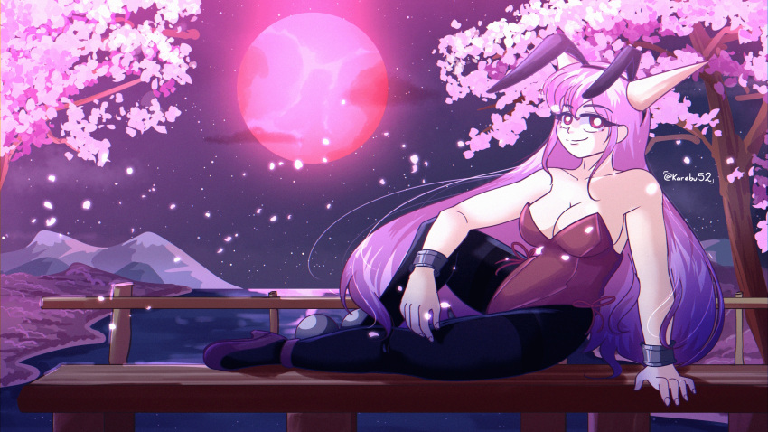 animal_ears cherry_blossoms commission highres ibaraki_douji's_arm ibaraki_kasen karebu52 night night_sky pink_eyes pink_hair playboy_bunny rabbit_ears sky touhou twitter_username