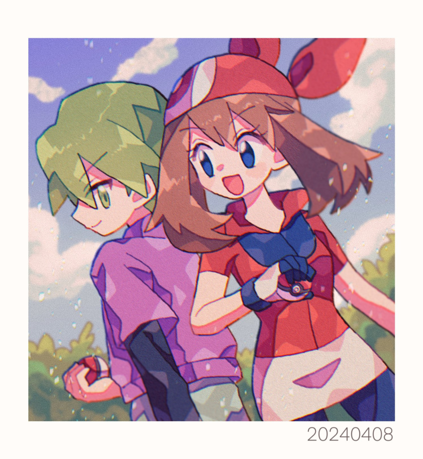 1boy 1girl :d bandana blue_eyes border brown_hair drew_(pokemon) gloves green_eyes green_hair highres holding holding_poke_ball jacket may_(pokemon) mgomurainu poke_ball poke_ball_(basic) pokemon pokemon_(anime) pokemon_rse_(anime) purple_jacket red_bandana red_shirt shirt shorts smile white_border