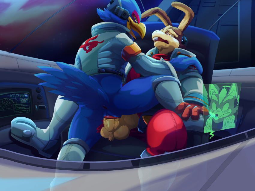 2024 4:3 absurd_res anthro anthro_on_anthro anthro_penetrated anthro_penetrating anthro_penetrating_anthro anthro_penetrating_male avian balls beak being_watched biped bird blue_body blue_feathers blush bottomless canid canine clothed clothing colored duo duo_focus erection falco_lombardi feathers fox fox_mccloud furry_balls genitals green_eyes group hi_res humanoid_genitalia humanoid_penis lagomorph leporid looking_at_another looking_pleasured male male/male male_penetrated male_penetrating male_penetrating_anthro male_penetrating_male mammal mythil_flower nintendo open_mouth penetration penile penile_penetration penis penis_in_slit peppy_hare rabbit red_eyes sex shirt slit_penetration slit_play star_fox topwear