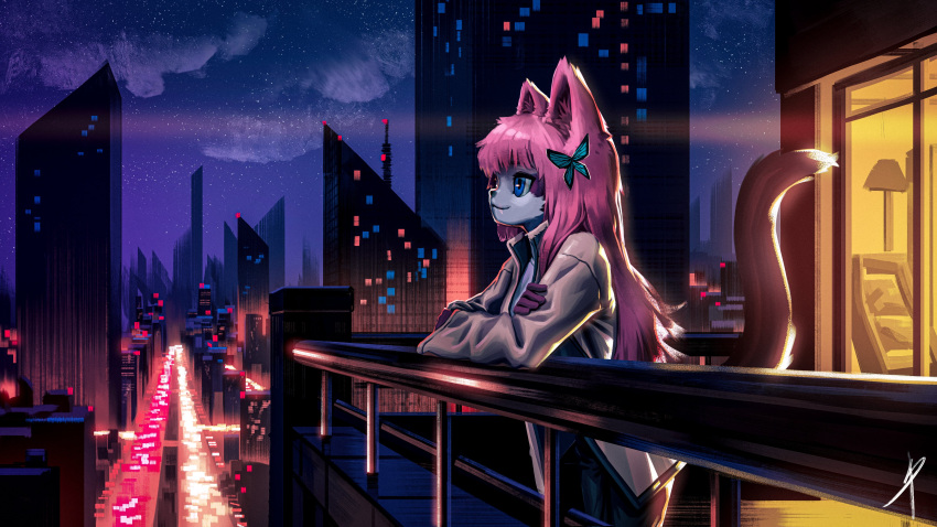 16:9 2022 absurd_res anthro apartment balcony blaedic blue_eyes building butterfly_clip city cityscape clothed clothing cloud crossed_arms digital_media_(artwork) digital_painting_(artwork) domestic_cat english_text felid feline felis female female_anthro fully_clothed hair hi_res high_place jacket leaning leaning_forward light lighting long_hair mammal night open_clothing open_jacket open_topwear outside pink_hair railing sky skyline skyscraper smile solo standing star starry_sky street text topwear traffic widescreen