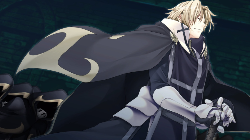 1boy armor armored_gloves atelier-moo blonde_hair cloak closed_eyes closed_mouth curtained_hair dungeon from_side highres holding holding_sword holding_weapon knight parted_bangs short_hair standing sword vasileus wavy_hair weapon wizards_symphony