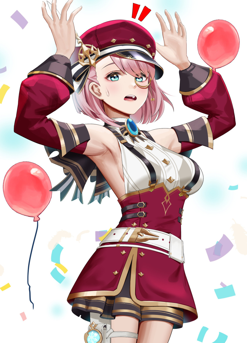 1girl absurdres anoreika_tomoe armpits arms_up balloon bare_shoulders belt blue_eyes breasts brooch cabbie_hat charlotte_(genshin_impact) commentary confetti cowboy_shot detached_sleeves genshin_impact hat high-waist_skirt highres jewelry long_sleeves looking_at_viewer medium_breasts open_mouth pink_hair red_hat red_skirt shirt short_hair sideboob skirt sleeveless sleeveless_shirt solo standing suspenders white_belt white_shirt