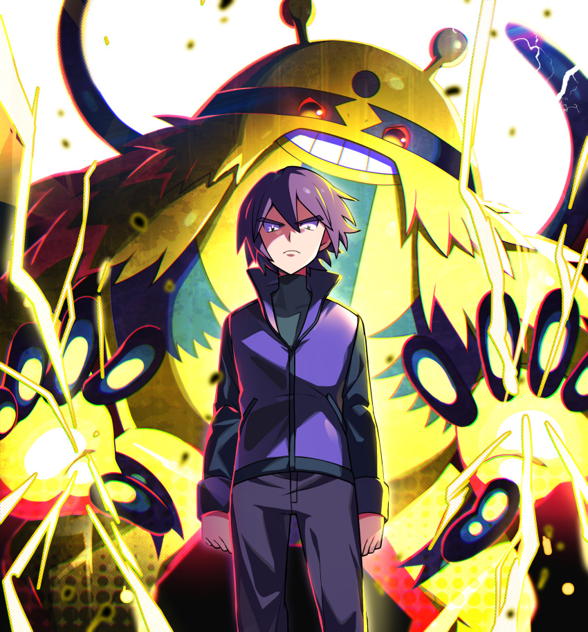 1boy absurdres closed_mouth commentary_request cowboy_shot electivire electricity frown highres jacket long_sleeves male_focus pants paul_(pokemon) pokemon pokemon_(anime) pokemon_(creature) pokemon_dppt_(anime) purple_hair purple_jacket red_eyes shirt short_hair short_sleeves tuze111