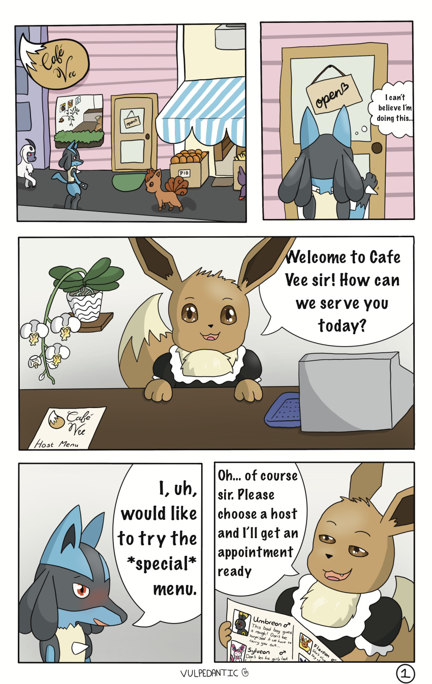 absol absurd_res ambiguous_gender blush cafe clothing comic eevee english_text female feral generation_1_pokemon generation_3_pokemon generation_4_pokemon hi_res intersex intersex/female lucario maid_cafe maid_uniform nintendo pokemon pokemon_(species) text thought_bubble uniform vulpedantic vulpix
