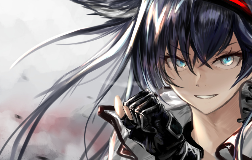 1girl absurdres animal_ears arknights bangs black_gloves black_hair blaze_(arknights) blue_eyes cat_ears cat_girl crossed_bangs eyebrows_visible_through_hair gloves hair_between_eyes hand_up high_collar highres jacket long_hair looking_at_viewer messy_hair portrait sidelocks smile solo utsuke very_long_hair white_jacket