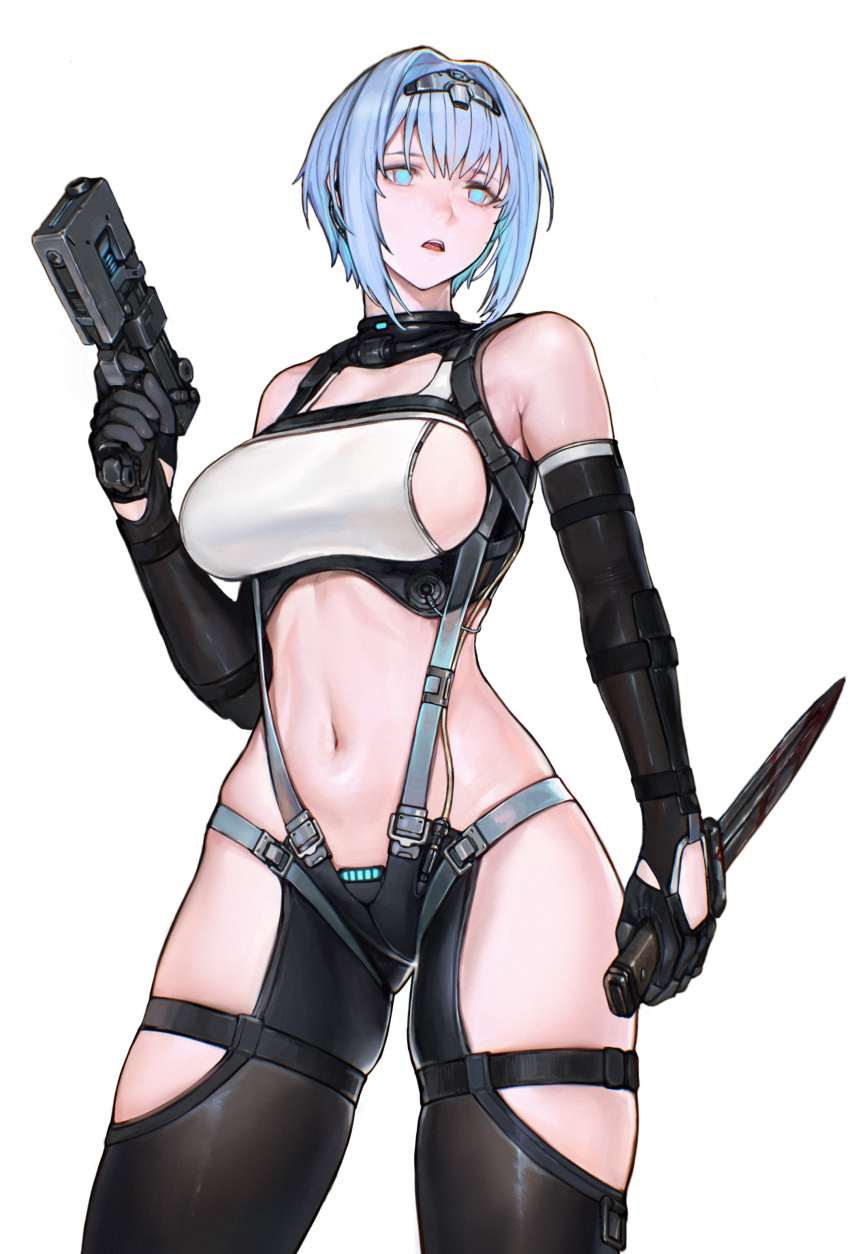 1girl absurdres aqua_eyes black_gloves black_pantyhose blood blood_on_knife blood_on_weapon blue_hair breasts clothing_cutout commentary dagger detached_sleeves empty_eyes gloves gun hair_intakes handgun highres holding holding_dagger holding_gun holding_knife holding_weapon iuui knife light_blue_hair looking_to_the_side navel original pantyhose parted_lips revealing_clothes reverse_grip short_hair sideboob sideboob_cutout sidelocks solo suspender_pantyhose suspenders symbol-only_commentary tank_top teeth thigh_cutout thigh_strap upper_teeth_only weapon white_tank_top