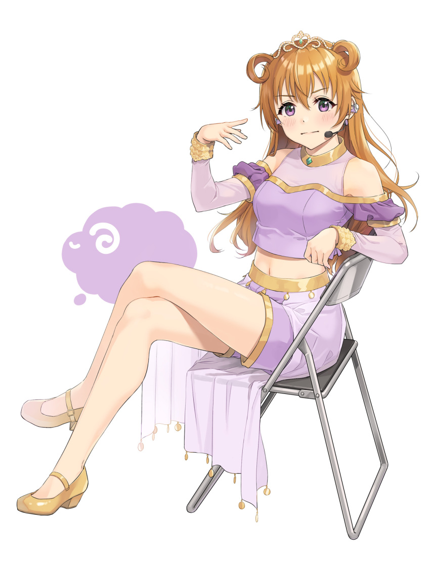 1girl bangs blush breasts brown_hair butterfly_(love_live!) closed_mouth clothing_cutout cropped_shirt crossed_legs full_body harem_outfit headset highres konoe_kanata large_breasts long_hair long_sleeves looking_at_viewer love_live! love_live!_nijigasaki_high_school_idol_club midriff navel oitsuki_(getsumen_diver) purple_eyes purple_shirt purple_shorts shirt shorts shoulder_cutout sitting solo tiara two_side_up v-shaped_eyebrows wavy_hair