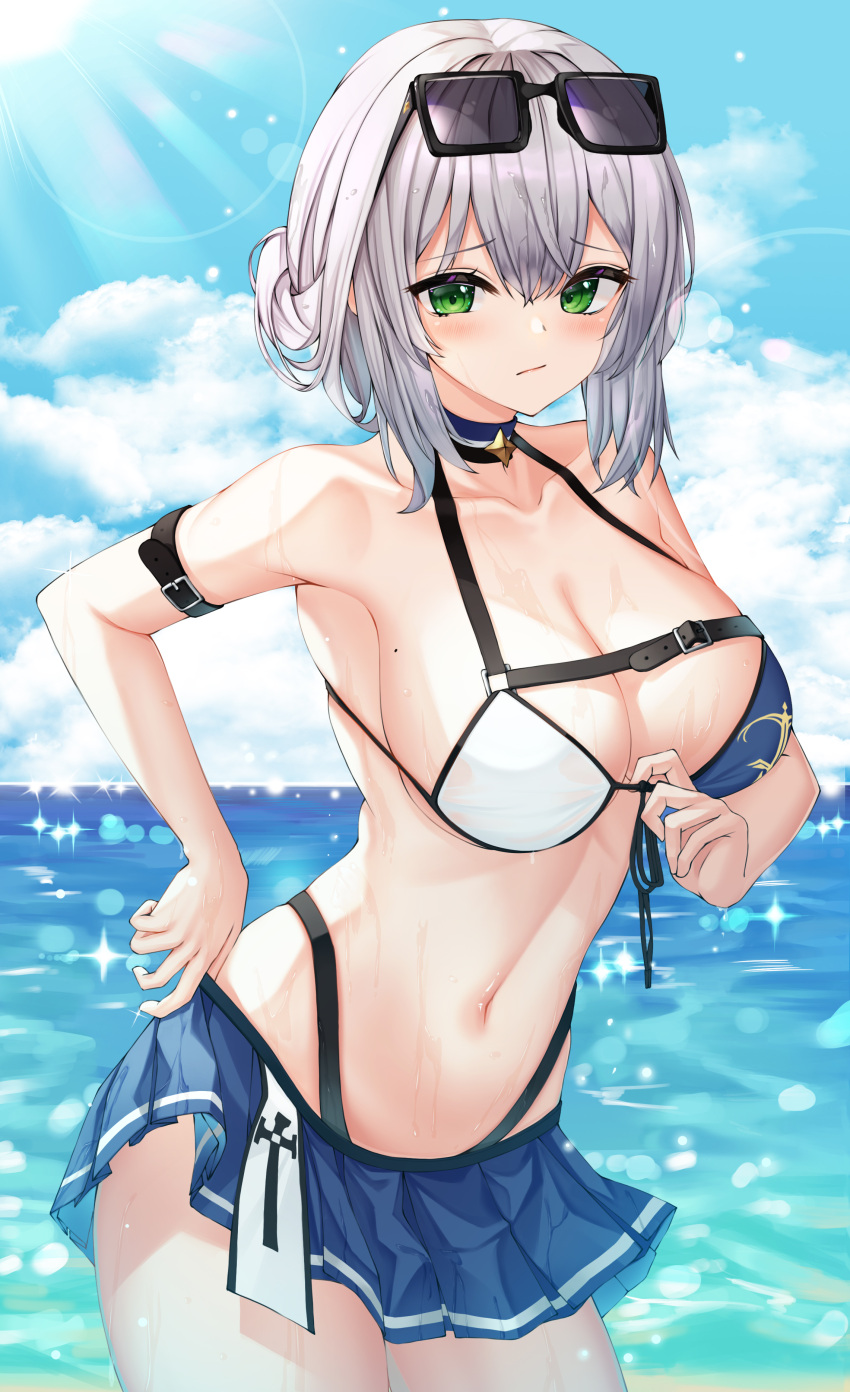 1girl absurdres armband bikini blue_sky blush breasts choker cloud collarbone embarrassed eyewear_on_head green_eyes highres hololive hsxxx large_breasts looking_at_viewer mole mole_on_breast navel ocean outdoors pleated_skirt shirogane_noel skirt sky solo strap sun sun_glare sunglasses sunlight swimsuit swimsuit_skirt underboob virtual_youtuber water white_hair