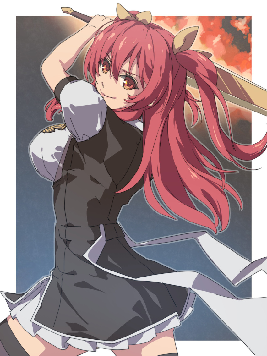 1girl black_thighhighs bow breasts chiharu_(9654784) double-parted_bangs fire floating_hair from_side hair_between_eyes hair_bow highres holding holding_sword holding_weapon huge_weapon jacket large_breasts long_hair looking_at_viewer rakudai_kishi_no_cavalry red_eyes red_hair school_uniform sidelocks skirt smile solo stella_vermillion sword thighhighs twintails uniform upper_body weapon