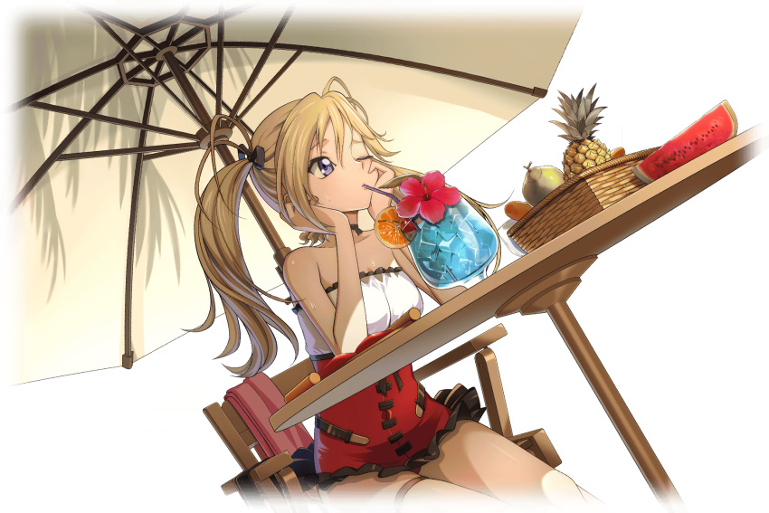 1girl alternate_hairstyle artist_request bare_shoulders basket beach_umbrella black_choker black_ribbon blonde_hair blue_eyes breasts cherry choker code_geass code_geass:_lost_stories collarbone cropped_legs cup drink drinking drinking_glass drinking_straw dutch_angle flower food frilled_one-piece_swimsuit frills fruit game_cg hair_between_eyes hair_ribbon hibiscus highres hot ice ice_cube lila_la_britannia long_hair looking_afar melon non-web_source official_art on_chair one-piece_swimsuit one_eye_closed orange_(fruit) orange_slice red_flower red_one-piece_swimsuit ribbon sidelocks sitting small_breasts solo strapless strapless_one-piece_swimsuit sweat swimsuit table thigh_strap towel transparent_background twintails umbrella watermelon watermelon_slice