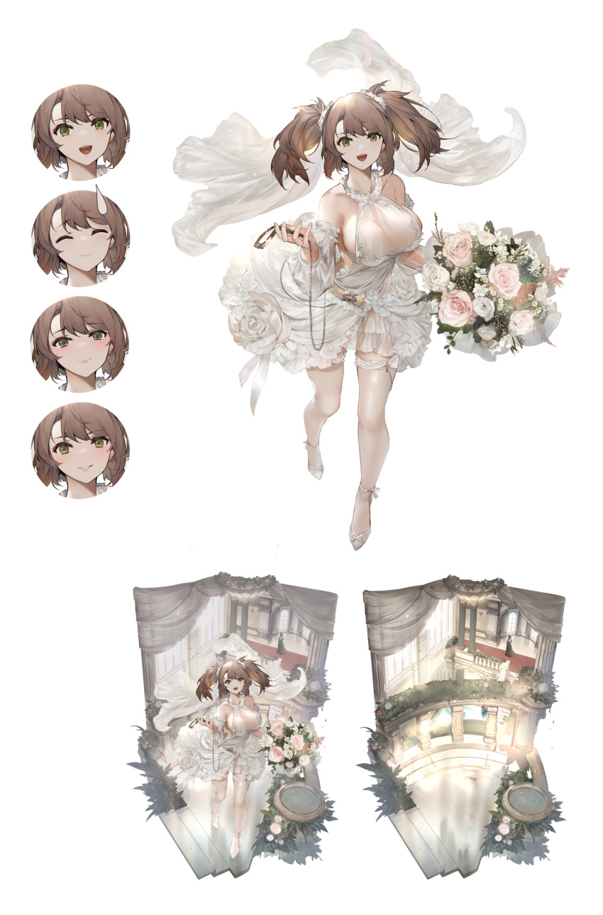 1girl azur_lane blush bouquet breasts brown_hair character_sheet cleavage detached_sleeves dress expressions flower frills green_eyes high_heels highres large_breasts long_hair looking_at_viewer mkiiiiii official_alternate_costume official_art open_mouth see-through solo thighhighs twintails wedding_dress white_dress white_footwear white_legwear york_(azur_lane) york_(oath_of_purity)_(azur_lane)