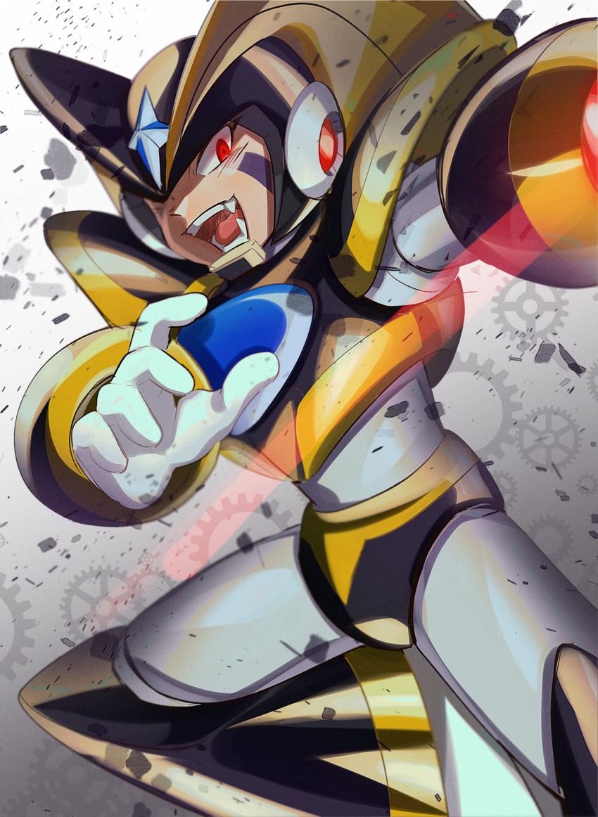 1boy android arm_cannon armor baron-0628 bass_(mega_man) black_armor black_helmet chest_jewel dated facial_mark fangs fins forehead_jewel head_fins highres light_trail male_focus mega_man_(classic) mega_man_(series) open_mouth red_eyes solo translation_request weapon