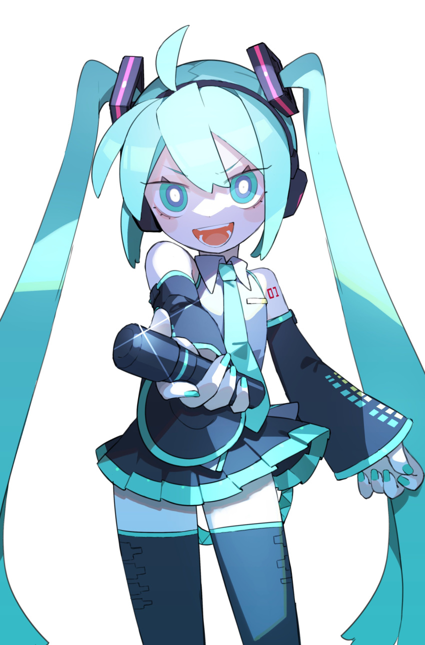 1girl absurdres ahoge aqua_eyes aqua_hair aqua_necktie bare_shoulders black_skirt black_sleeves black_thighhighs blue_nails blush_stickers bright_pupils cheri_zao collared_shirt cowboy_shot detached_sleeves hatsune_miku highres holding holding_microphone joints long_hair looking_at_viewer mechanical_parts microphone miniskirt necktie number_tattoo open_mouth pleated_skirt proto_miku_(cheri_zao) shadow shirt simple_background skirt sleeveless sleeveless_shirt smile solo standing tattoo thighhighs very_long_hair vocaloid white_background white_pupils